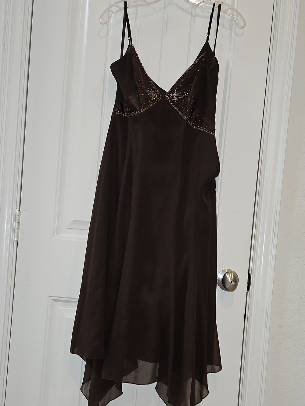 Brown Satin Maxi Slip Dress with Beaded Accents